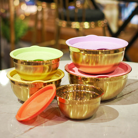 LUXURY SALAD BOWLS STAINLESS STEEL GOLDEN PVD COATED WITH SILICON LIDS (SET OF 5 PIECES )