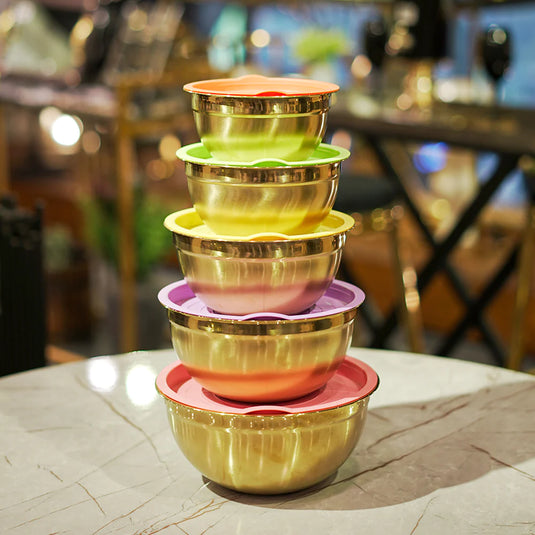 LUXURY SALAD BOWLS STAINLESS STEEL GOLDEN PVD COATED WITH SILICON LIDS (SET OF 5 PIECES )