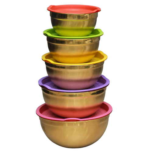 LUXURY SALAD BOWLS STAINLESS STEEL GOLDEN PVD COATED WITH SILICON LIDS (SET OF 5 PIECES )