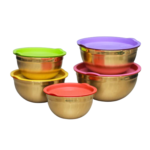 LUXURY SALAD BOWLS STAINLESS STEEL GOLDEN PVD COATED WITH SILICON LIDS (SET OF 5 PIECES )