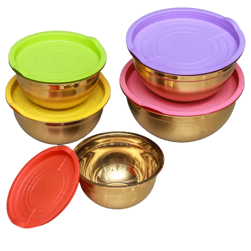 LUXURY SALAD BOWLS STAINLESS STEEL GOLDEN PVD COATED WITH SILICON LIDS (SET OF 5 PIECES )